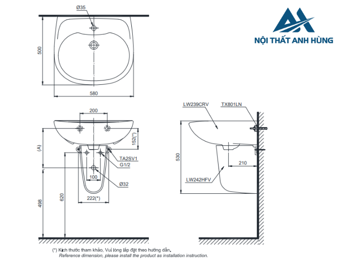 Chậu lavabo treo tường TOTO LHT239CR chân lửng