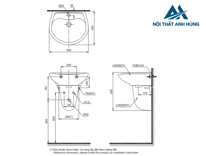Chậu lavabo treo tường TOTO LHT300CR chân lửng