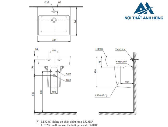 Chậu lavabo treo tường TOTO LHT328C