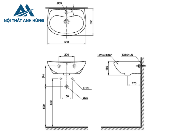 Chậu lavabo treo tường TOTO LT240CS
