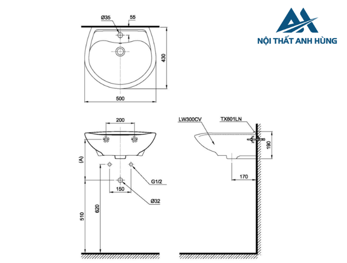 Chậu lavabo treo tường TOTO LT300C