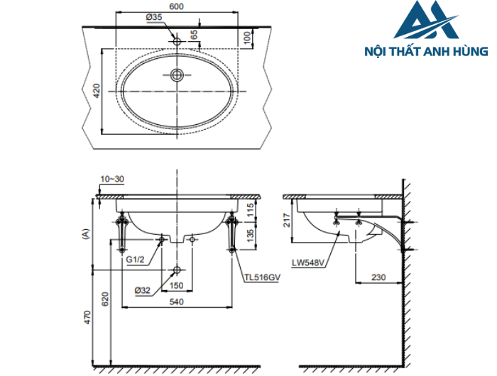 Chậu rửa mặt lavabo âm bàn TOTO LT548