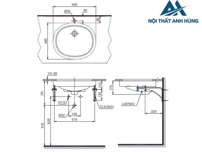 Chậu rửa mặt lavabo âm bàn TOTO LT764#XW