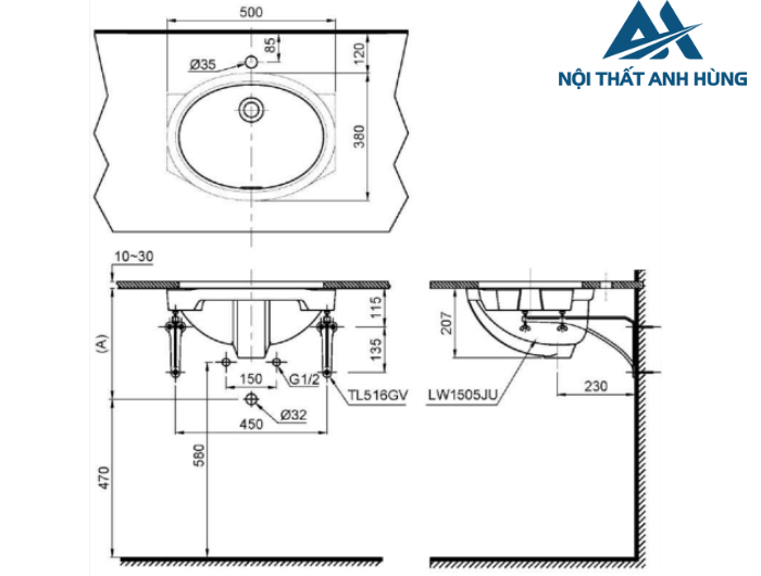 Chậu rửa mặt lavabo âm bàn TOTO LW1505V TL516GV kèm giá đỡ
