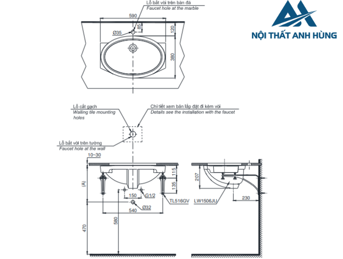 Chậu rửa mặt lavabo âm bàn TOTO LW1506V TL516GV kèm giá đỡ
