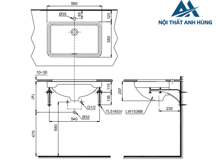 Chậu rửa mặt lavabo âm bàn TOTO LW1536V TL516GV kèm giá đỡ