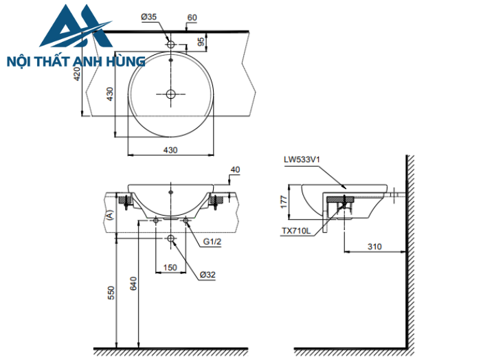 Chậu rửa mặt lavabo bán âm TOTO LT533R