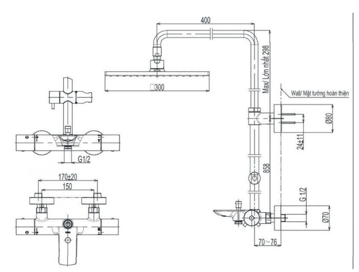 Sen Cây tắm TOTO TBW08405A Nhiệt Độ Xả Bồn Vuông 300mm