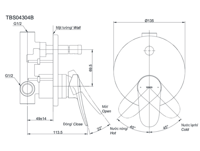 Van điều chỉnh nóng lạnh kèm nút chuyển hướng TOTO TBS04304B