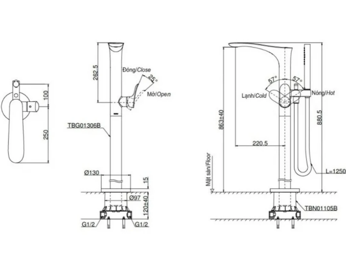 Vòi Bồn Tắm đặt sàn TOTO TBG01306BA#BFG TBN01105B Nóng Lạnh Màu Vàng Pháp Mờ