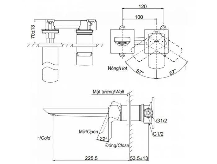 Vòi Lavabo Gắn Tường Màu Vàng Pháp Mờ TLG02311BB#BFG