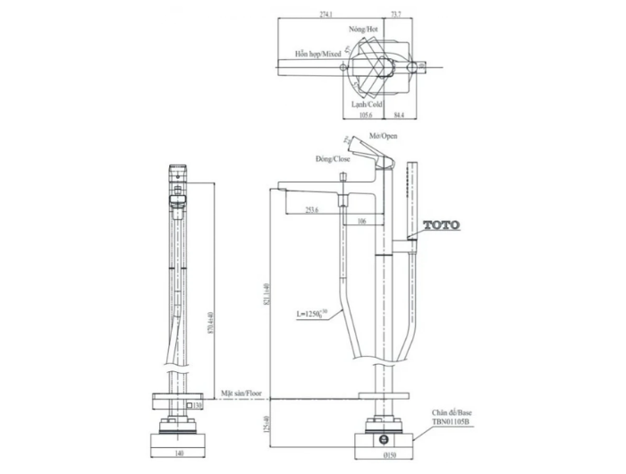 Vòi Xả Bồn Tắm Đặt Sàn TOTO TBG10306AA#MBL TBN01105B Màu Đen Mờ