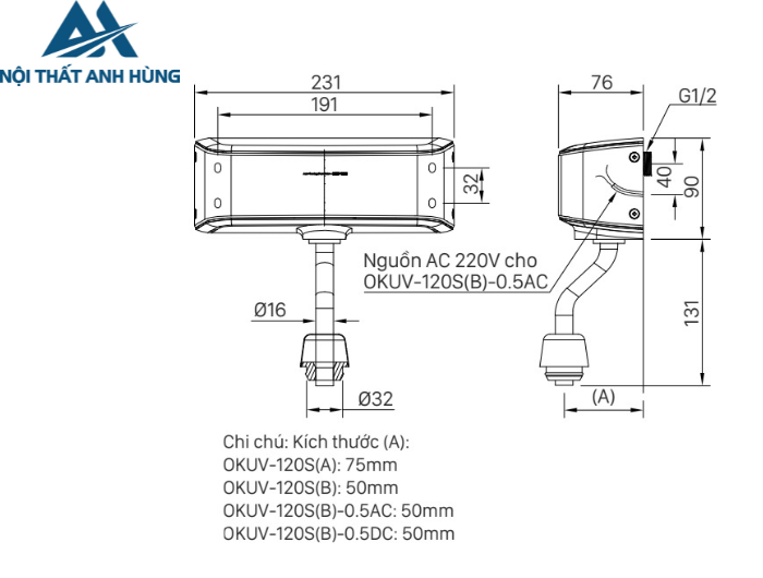 Van Xả Tiểu Cảm Ứng Inax OKUV-120S(B)-0.5AC 220V 0.5 Lít