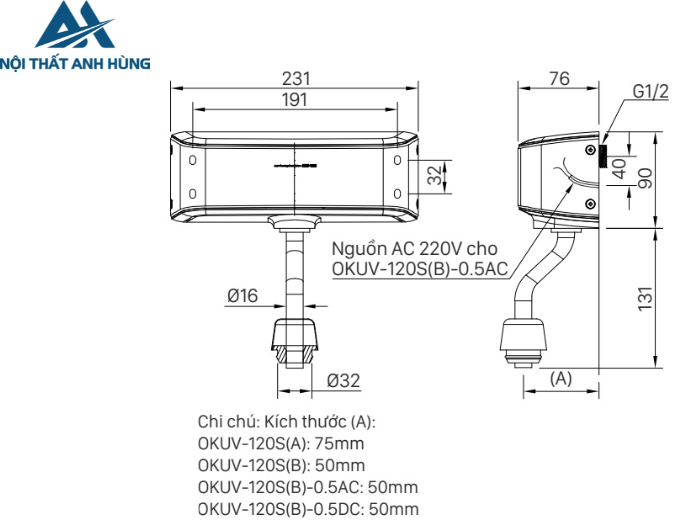 Van Xả Tiểu Cảm Ứng Inax OKUV-120S(B)-0.5DC Dùng Pin 0.5 Lít