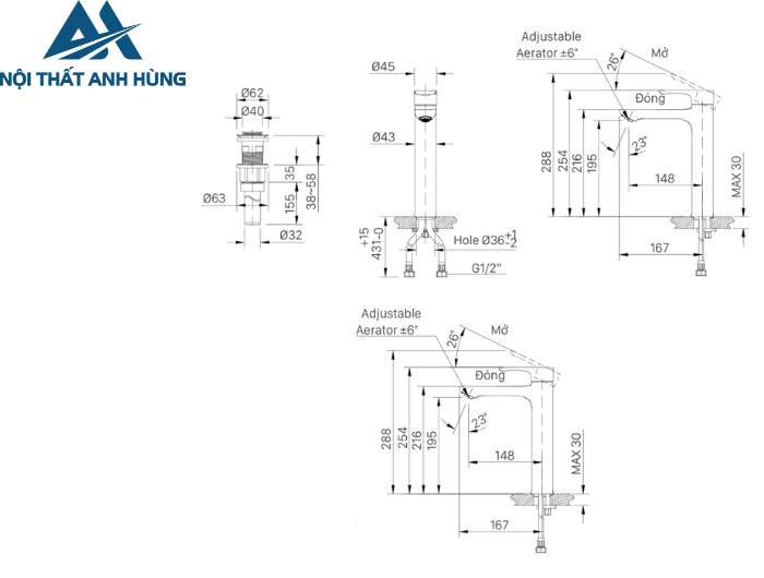 Vòi Lavabo Inax LFV-612SH-2 Nóng Lạnh Thân Cao Gồm Nút Chặn Nước