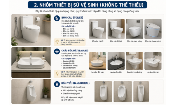 Thiết bị vệ sinh gồm những gì? Cần mua các loại gì cho phòng tắm?