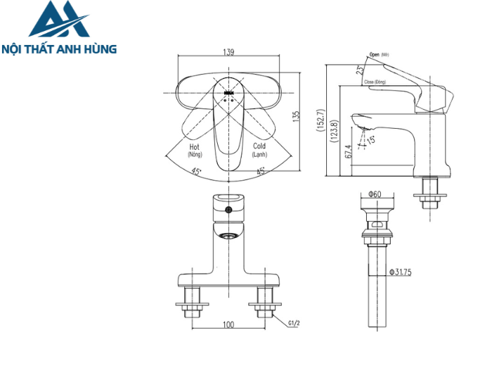 Vòi Chậu Lavabo Nóng Lạnh INAX LFV-1111S 3 Lỗ