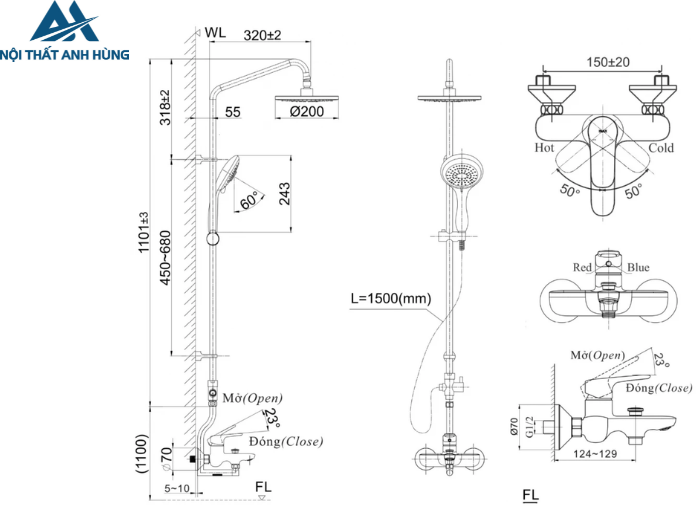 Vòi Sen Tắm Cây Inax BFV-1405S-2 Nóng Lạnh