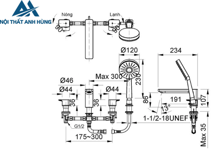 Vòi Sen Tắm Gắn Bồn Inax BFV-5013S Nóng Lạnh