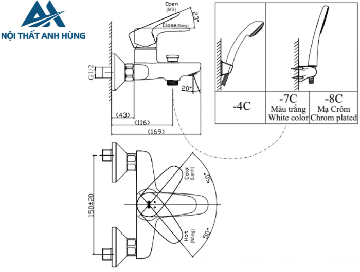 Vòi Sen Tắm Inax BFV-1113S-7C Tăng Áp Trắng Nóng Lạnh