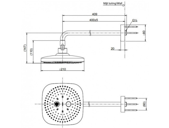 Bát sen gắn tường TOTO TBW02004A vuông 2 chế độ 210mm)