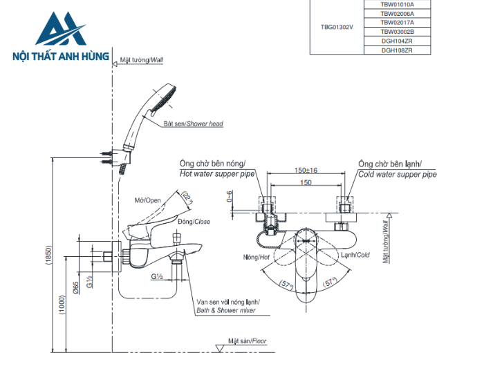 Bộ sen tắm nóng lạnh TOTO TBG01302VA TBW01008V