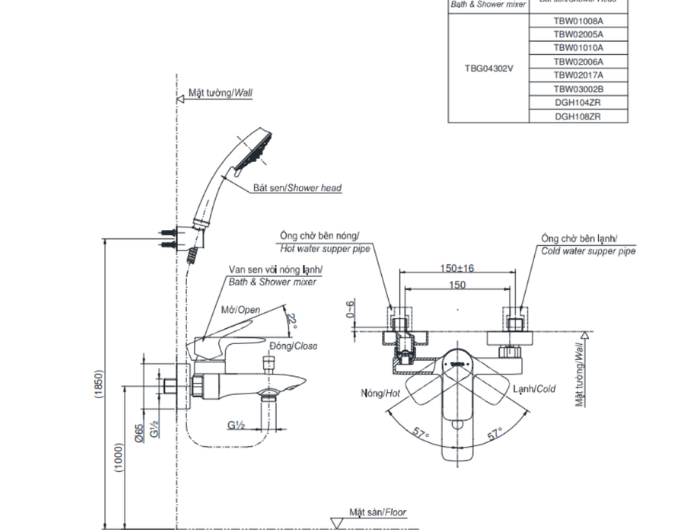 Bộ sen tắm nóng lạnh TOTO TBG04302VA TBW03002B