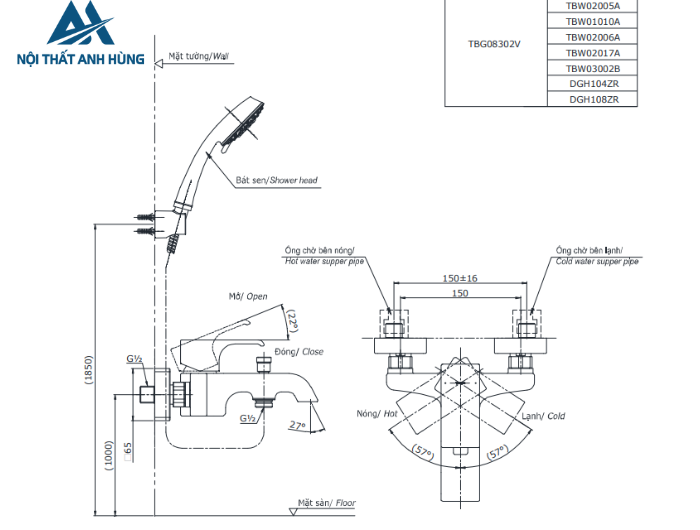 Bộ sen tắm nóng lạnh TOTO TBG08302VA TBW02006V
