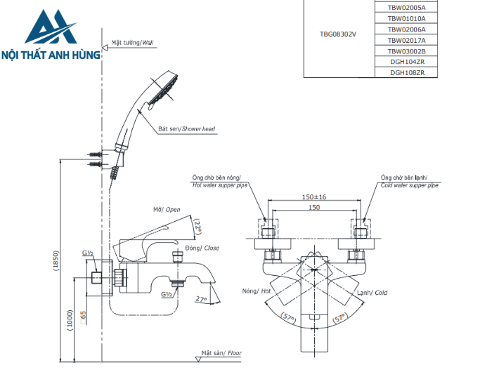 Bộ sen tắm nóng lạnh TOTO TBG08302VA TBW07012A