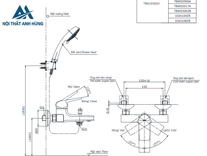 Bộ sen tắm nóng lạnh TOTO TBG10302VA TBW01035V