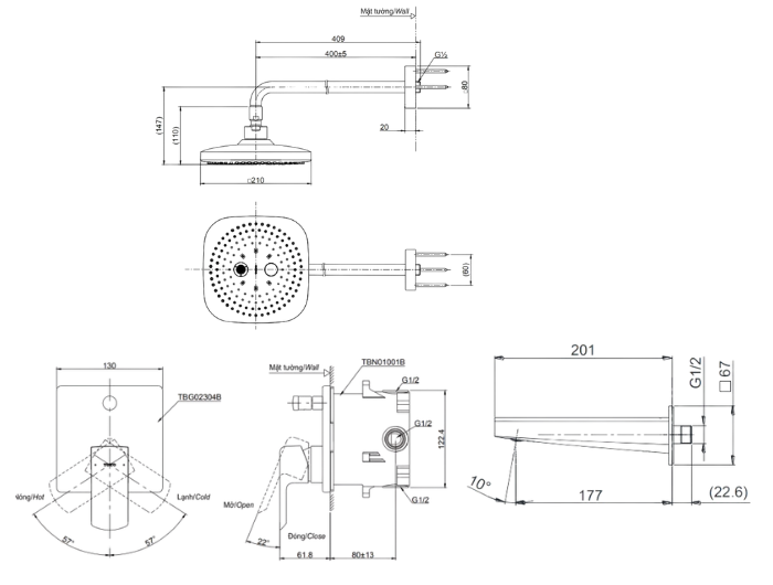 Sen tắm âm tường 2 đường nước TOTO TBW02004A TBG10001B TBG02304BA TBN01001B
