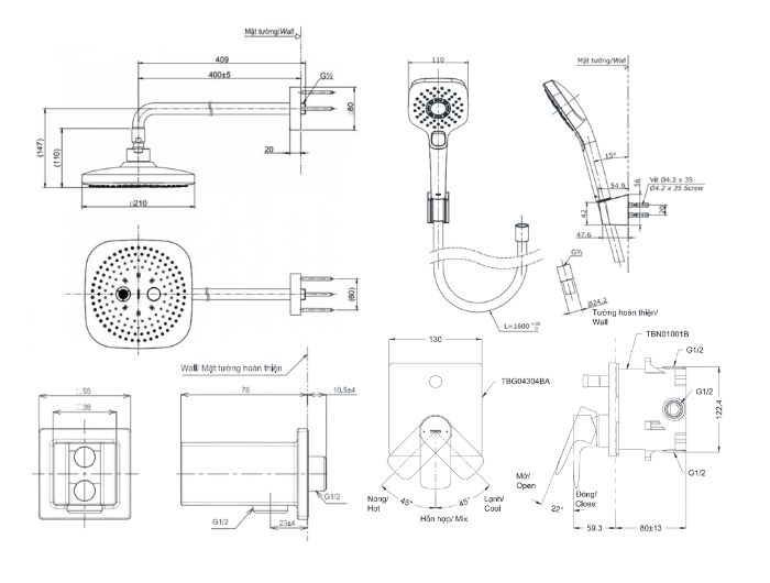 Sen tắm âm tường 2 đường nước TOTO TBW02004A#BFG TBW02006B#BFG màu vàng pháp mờ