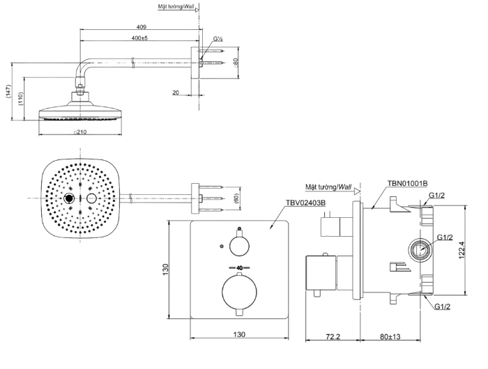 Sen tắm âm tường nhiệt độ TOTO TBW02004A TBV02403B TBN01001B