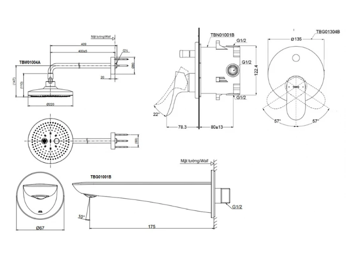 Sen Tắm Âm Tường Xả Bồn TOTO TBG01304BA TBW01004A TBG01001B