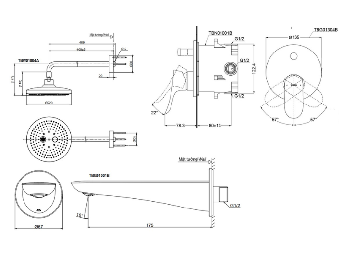 Sen Tắm Âm Tường Xả Bồn TOTO TBS01304B TBW01004A TBG01001B