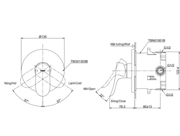 Van điều chỉnh nóng lạnh âm tường TOTO TBG01304BA TBN01001B