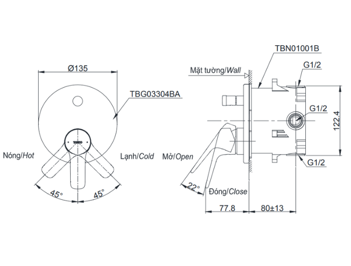Van điều chỉnh nóng lạnh âm tường TOTO TBG03304BA TBN01001B