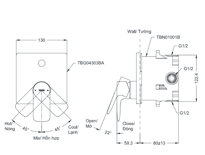 Van điều chỉnh nóng lạnh âm tường TOTO TBG04303BA TBN01001B