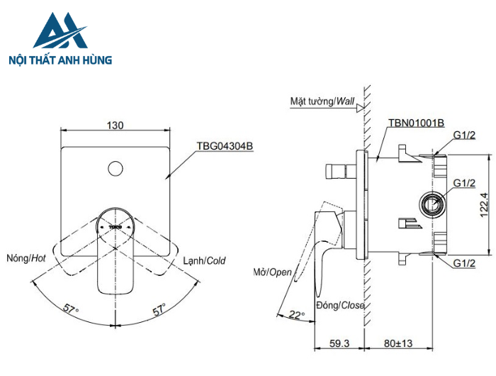 Van điều chỉnh nóng lạnh âm tường TOTO TBG04304BA TBN01001B