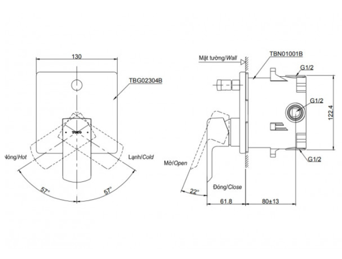Van điều chỉnh nóng lạnh kèm nút chuyển hướng TOTO TBG02304BA TBN01001B