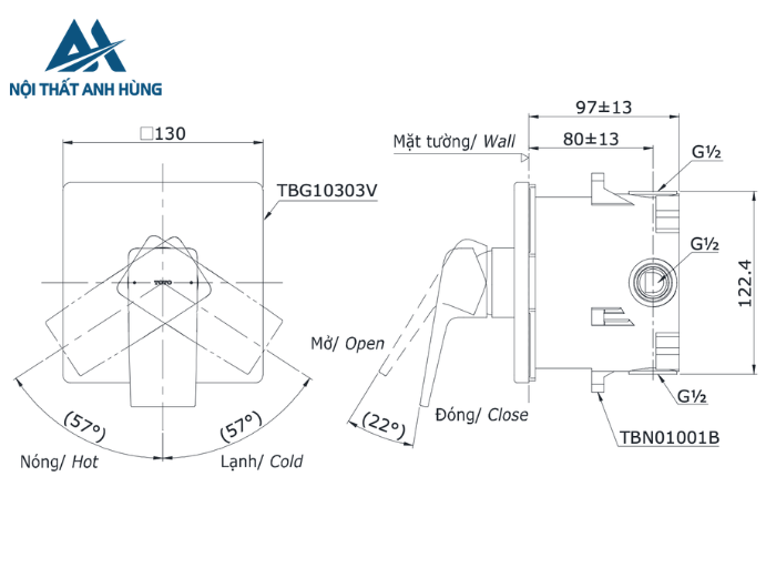Van điều chỉnh nóng lạnh kèm nút chuyển hướng TOTO TBG10304VA TBN01001B