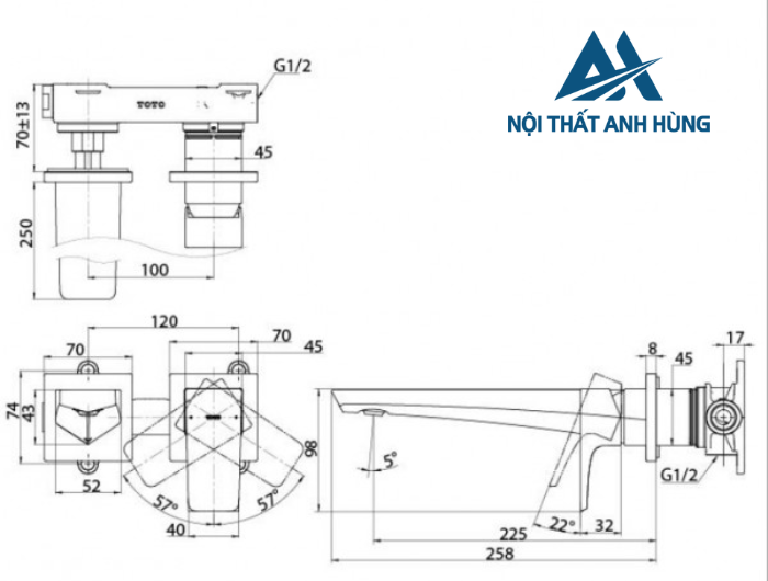 Vòi lavabo nóng lạnh gắn tường GE TOTO TLG07308BB