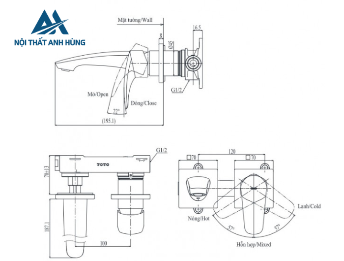 Vòi lavabo nóng lạnh gắn tường GM TOTO TLG09307BB