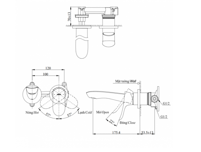 Vòi lavabo nóng lạnh gắn tường TOTO TLG01310BB
