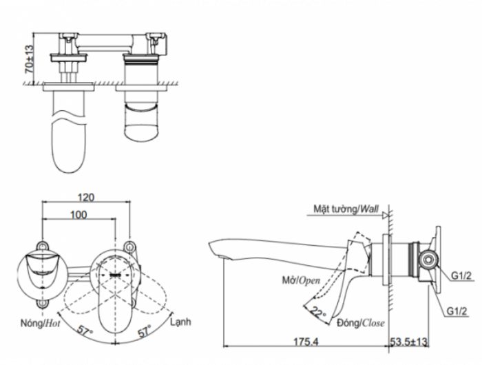 Vòi lavabo nóng lạnh gắn tường TOTO TLG01311BB