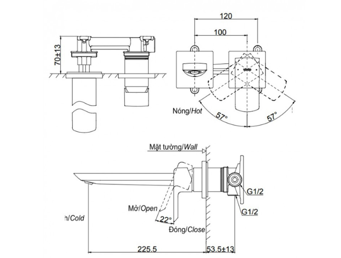 Vòi lavabo nóng lạnh gắn tường TOTO TLG02311BB