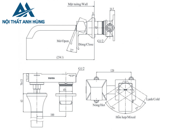 Vòi lavabo nóng lạnh gắn tường TOTO TLG08308BA