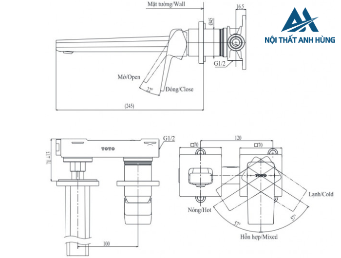 Vòi lavabo nóng lạnh gắn tường TOTO TLG10308BB