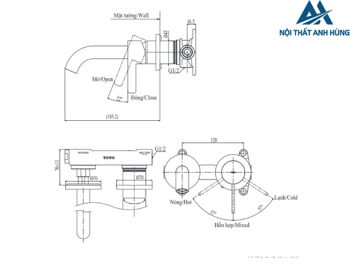 Vòi lavabo nóng lạnh gắn tường TOTO TLG11307BA