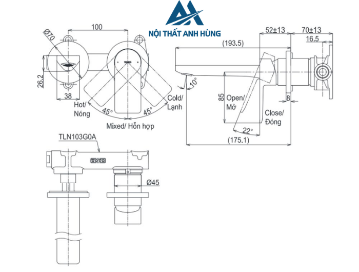 Vòi lavabo nóng lạnh gắn tường TOTO TLG13307A